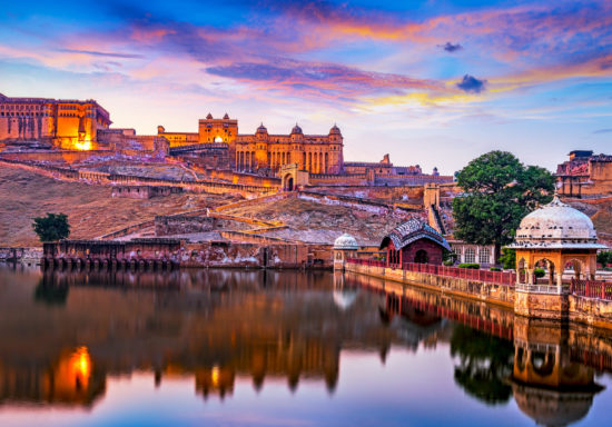 Amber Fort and Maota Lake at sunset.  Jaipur, Rajasthan, India, Asia